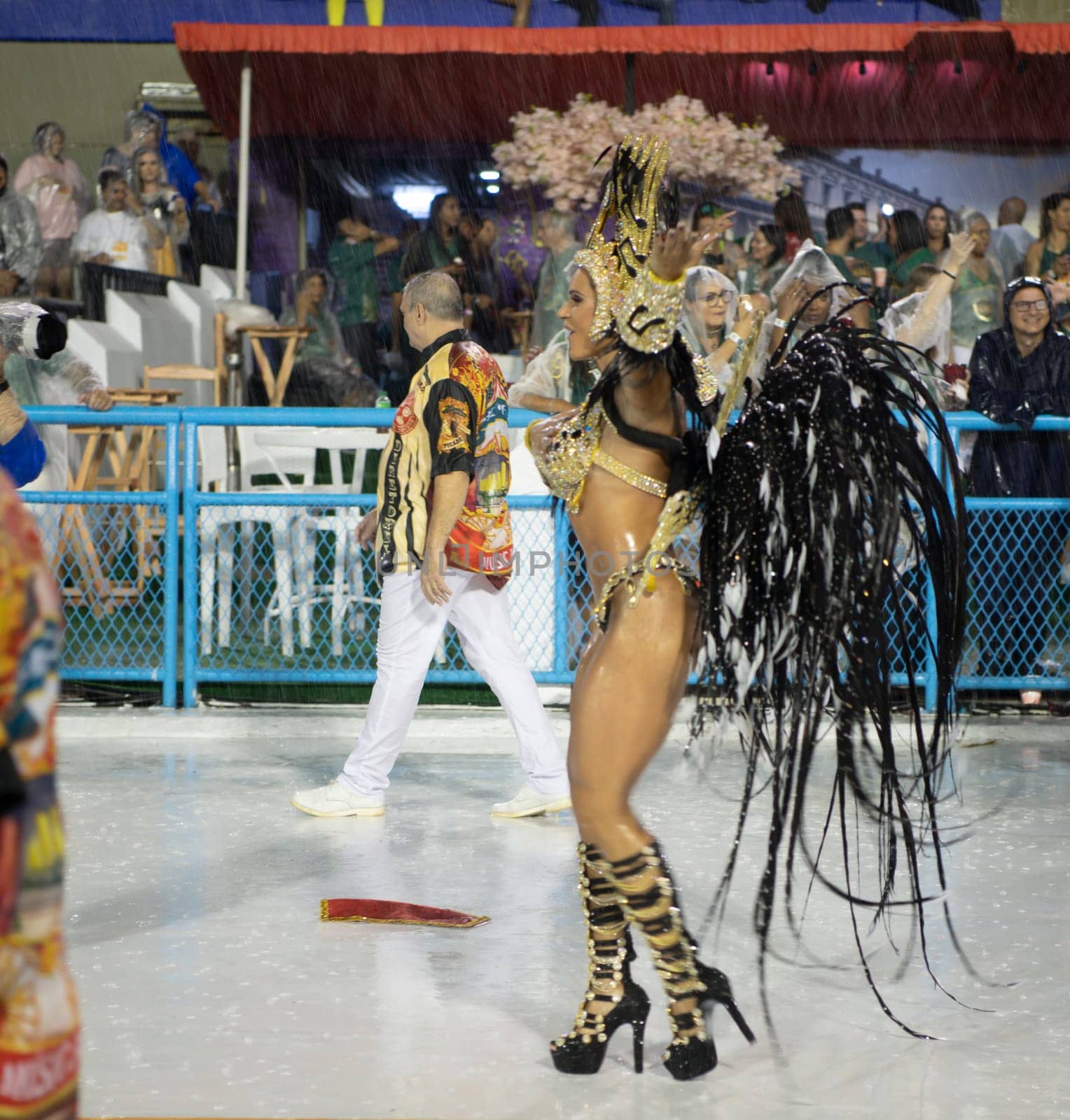 Rio de Janeiro, Brasil-  February 29, 2020: Samba Parade at the 2020 Carnival Champions Parade, Sambodromo. It's raining