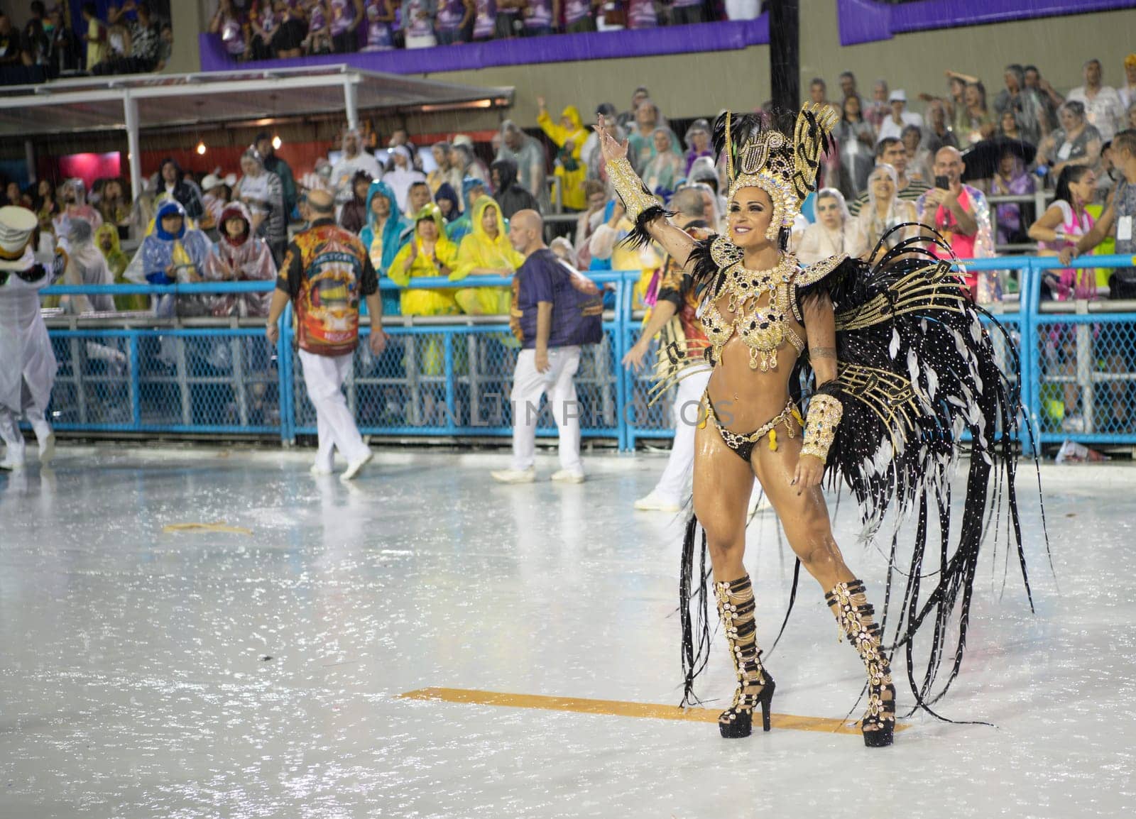 Rio de Janeiro, Brasil-  February 29, 2020: Samba Parade at the 2020 Carnival Champions Parade, Sambodromo. It's raining