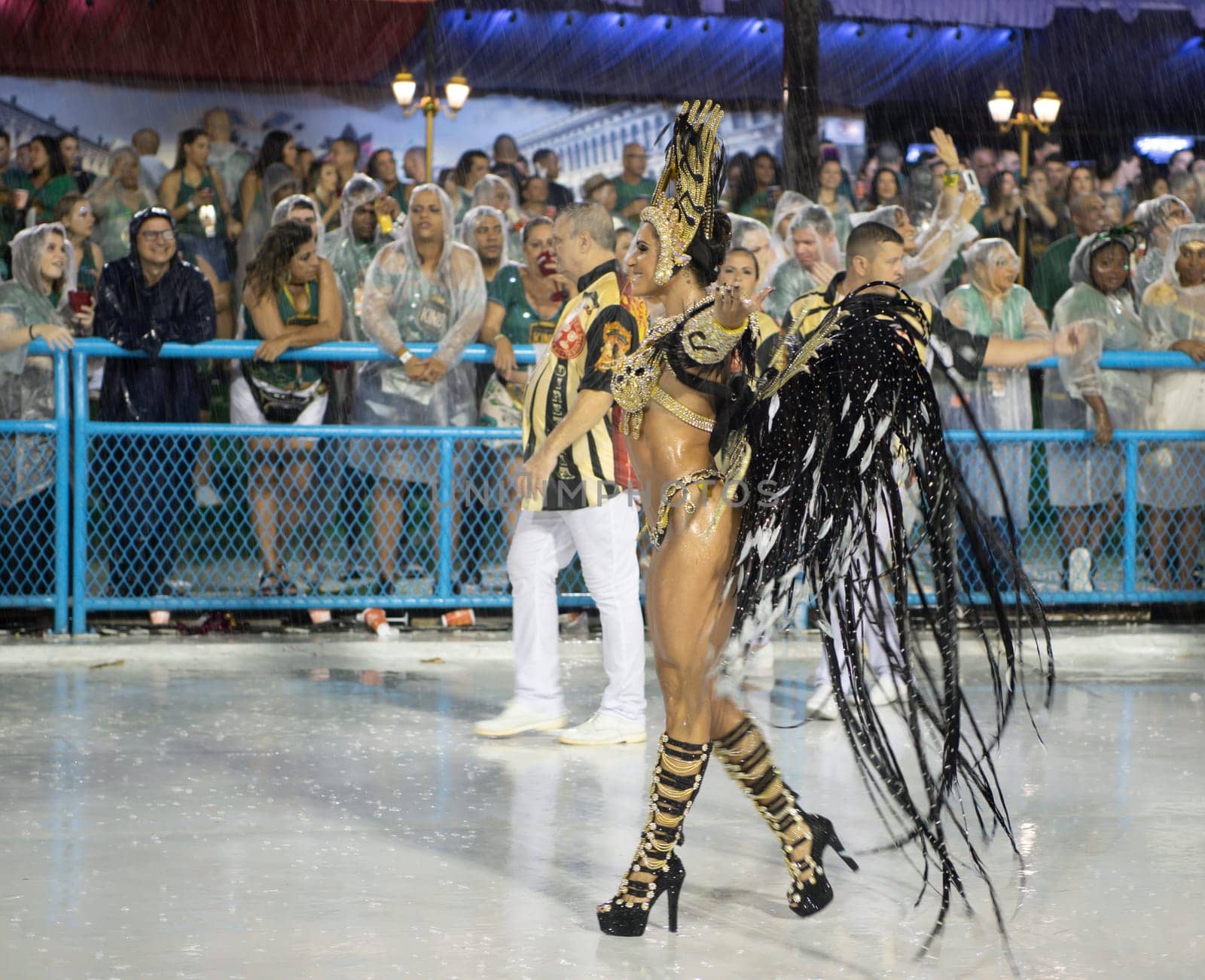 Rio de Janeiro, Brasil-  February 29, 2020: Samba Parade at the 2020 Carnival Champions Parade, Sambodromo. It's raining