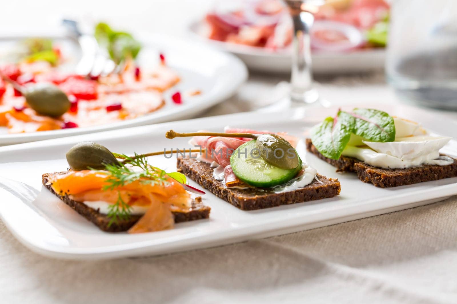 Variation of healthy open sandwiches on Pumpernickel bread with vegetables, salmon, ham and appetizers with red wine