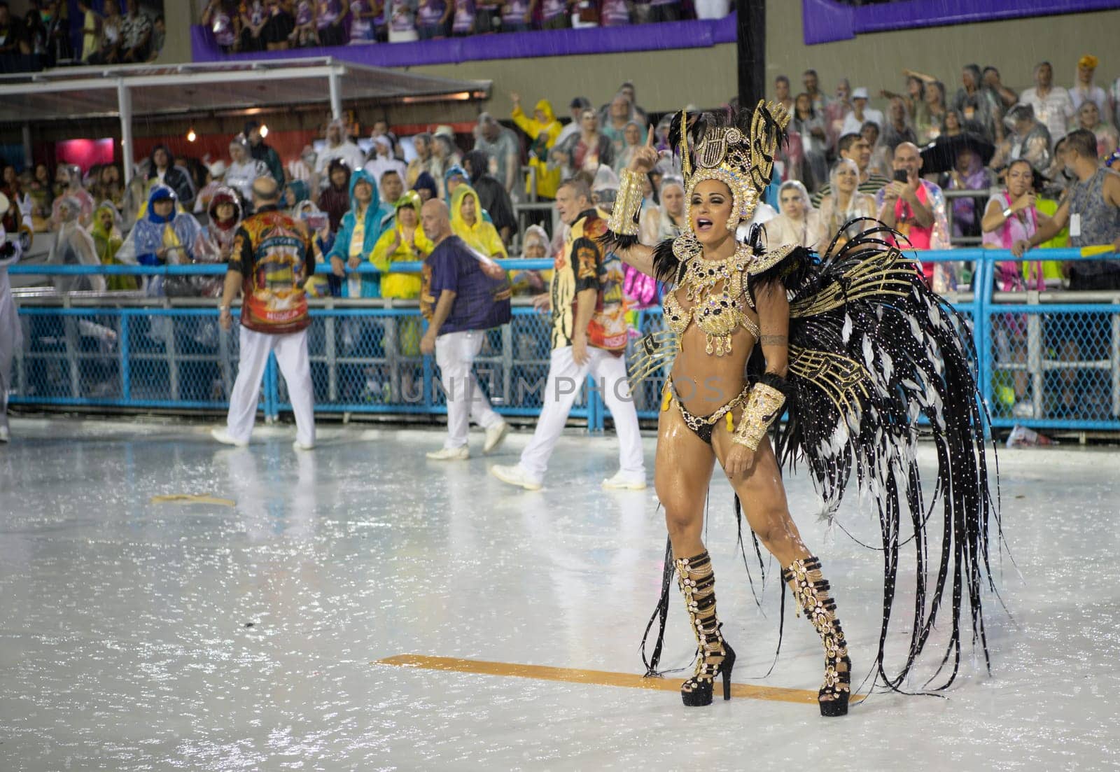 Rio de Janeiro, Brasil-  February 29, 2020: Samba Parade at the 2020 Carnival Champions Parade, Sambodromo. It's raining