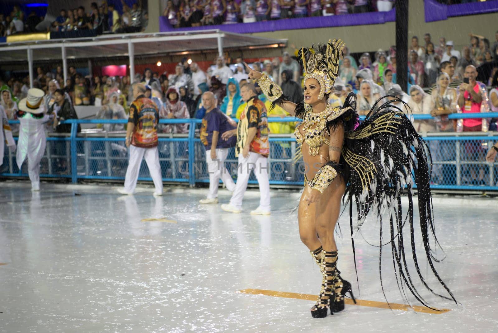 Rio de Janeiro, Brasil-  February 29, 2020: Samba Parade at the 2020 Carnival Champions Parade, Sambodromo. It's raining