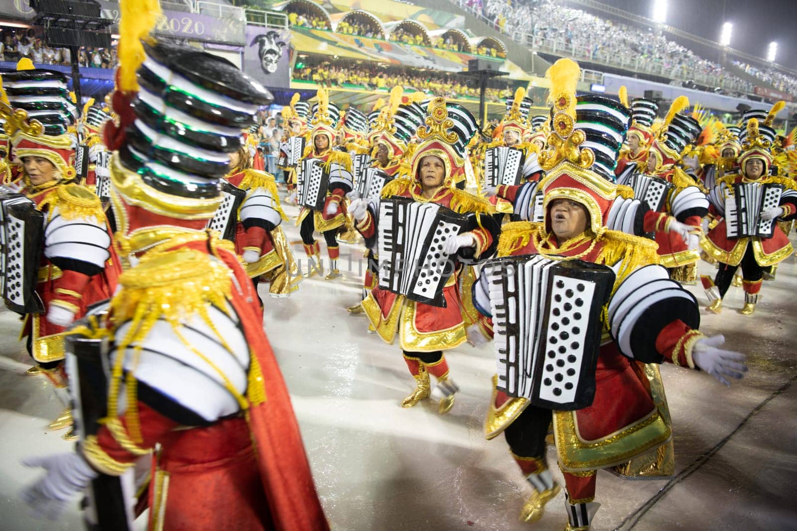 Rio de Janeiro, Brasil-  February 29, 2020: Samba Parade at the 2020 Carnival Champions Parade, Sambodromo. It's raining