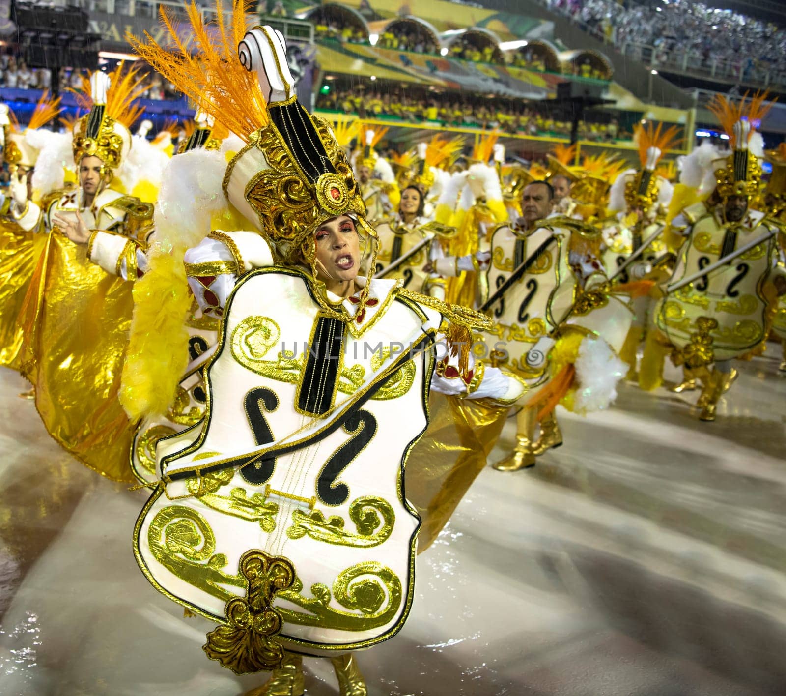Rio de Janeiro, Brasil-  February 29, 2020: Samba Parade at the 2020 Carnival Champions Parade, Sambodromo. It's raining