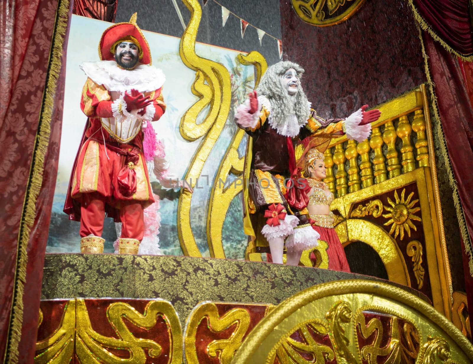 Rio de Janeiro, Brasil-  February 29, 2020: Samba Parade at the 2020 Carnival Champions Parade, Sambodromo. It's raining