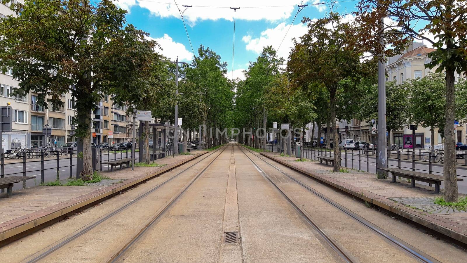 Antwerp, Belgium, July 2020: view on the tram tracks on De Leien