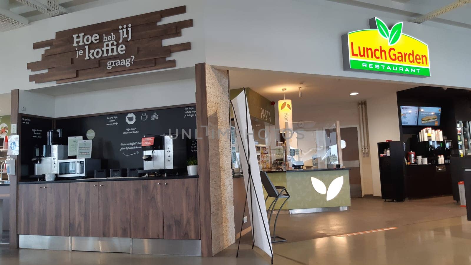 Kalken, Belgium, October 2020: Lunch garden restaurant interior with coffee corner