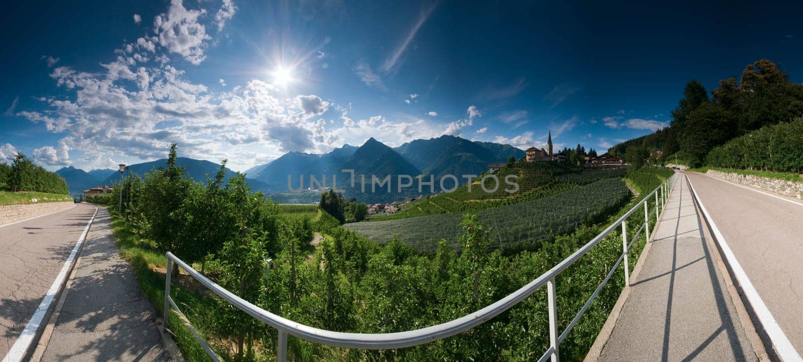 Wide-angle panorama view of the road from Schenna to Sankt Georgen with a view over the apple orchards in the light of the sun in South Tyrol in summer 2013. Panoramic composed from multiple images.