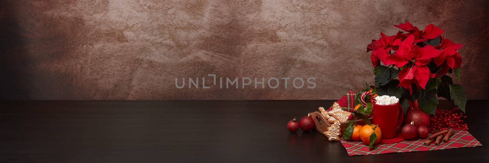 Red Poinsettia flowers, tray with ginger cookies and mandarines, mug with hot cocoa and marshmallows. fir ornaments on brown background with copy space. Winter holidays. New Year, Christmas treat.