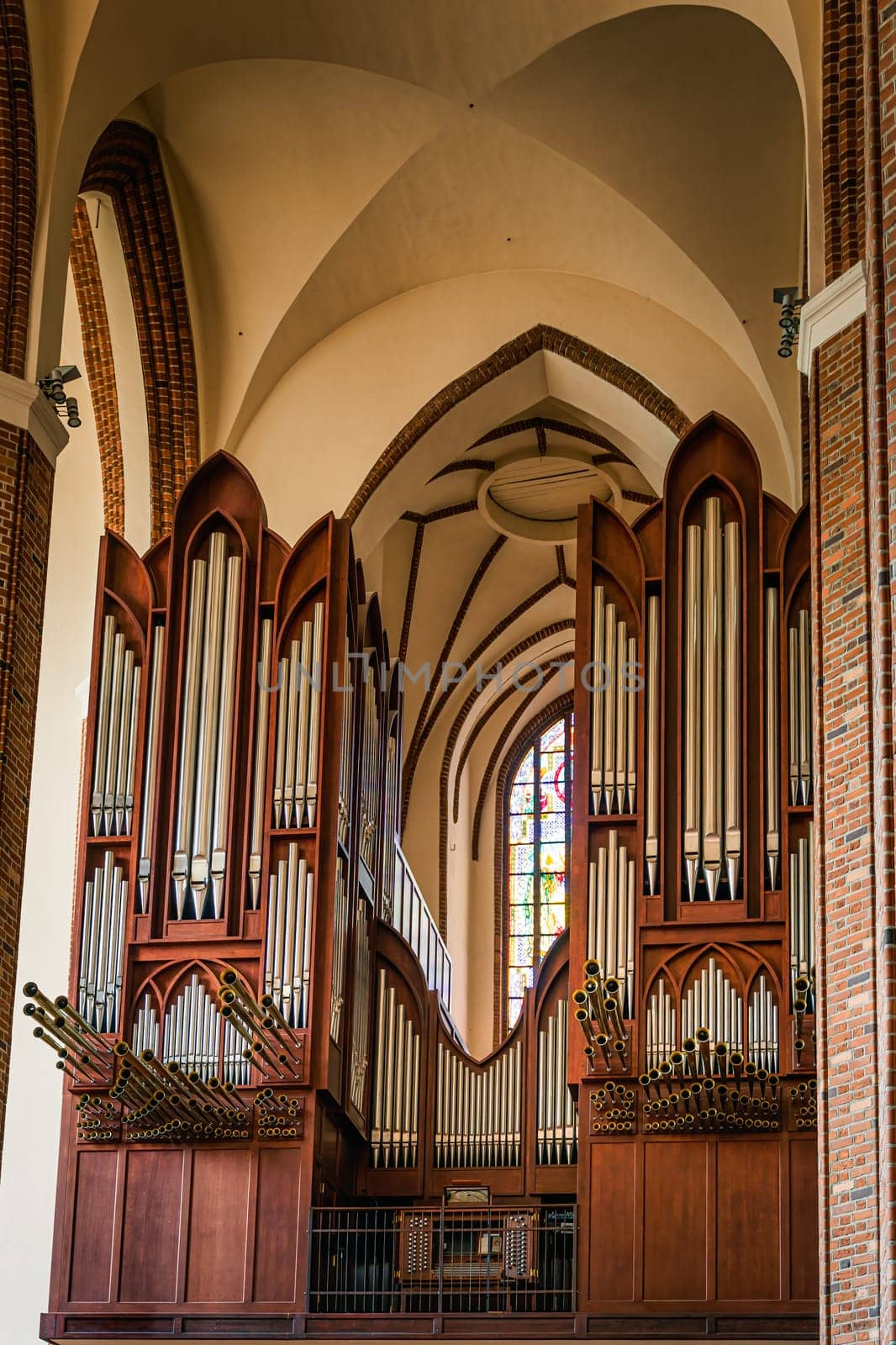 Tall pipe organs in The Cathedral Basilica of St James the Apostle in Szczecin, Poland. Church was established in 1187 and completed in XIV century