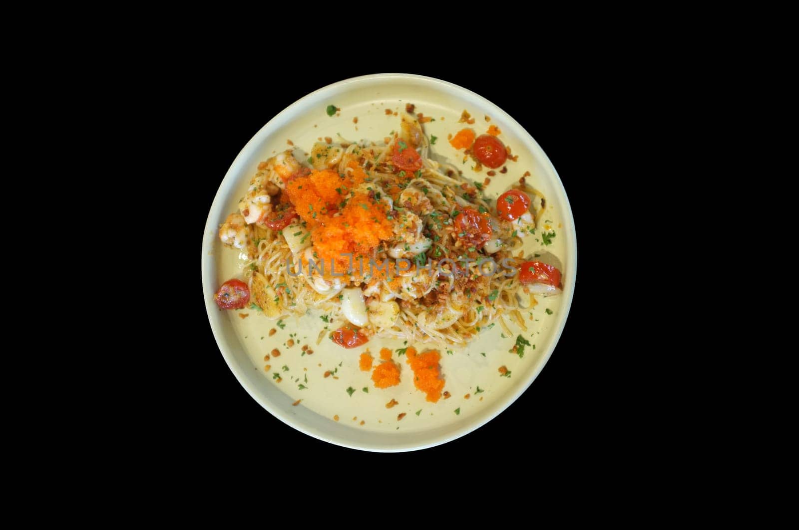 Spaghetti Ebiko, Topping with ebiko on white plate. Seafood