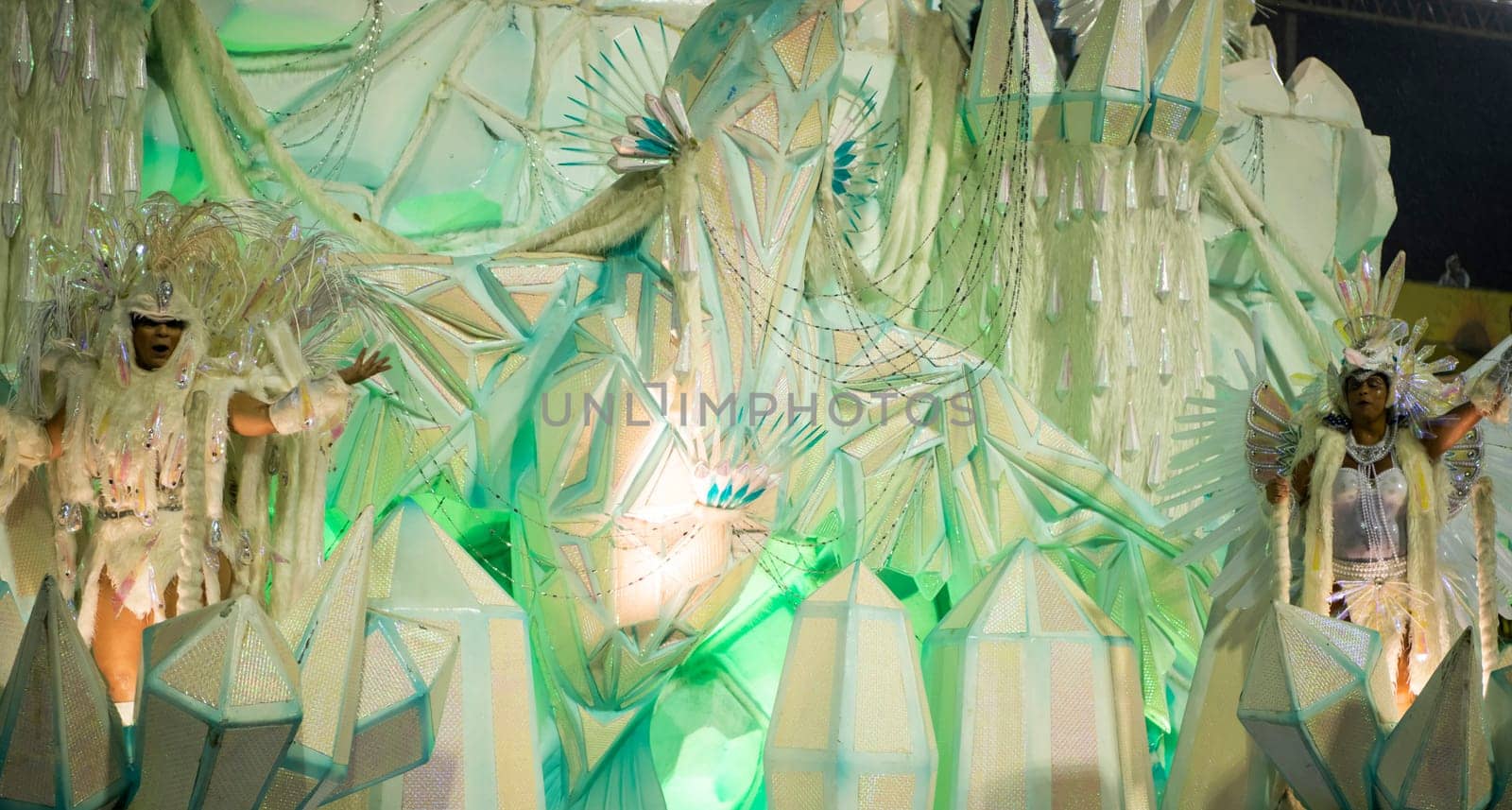 Rio de Janeiro, Brasil-  February 29, 2020: Samba Parade at the 2020 Carnival, Champions Parade, Sambodromo. It's raining