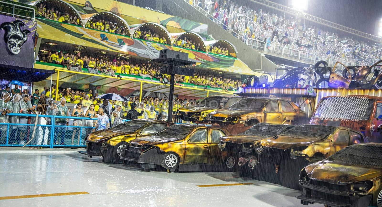 Rio de Janeiro, Brasil-  February 29, 2020: Samba Parade at the 2020 Carnival, Champions Parade, Sambodromo. It's raining