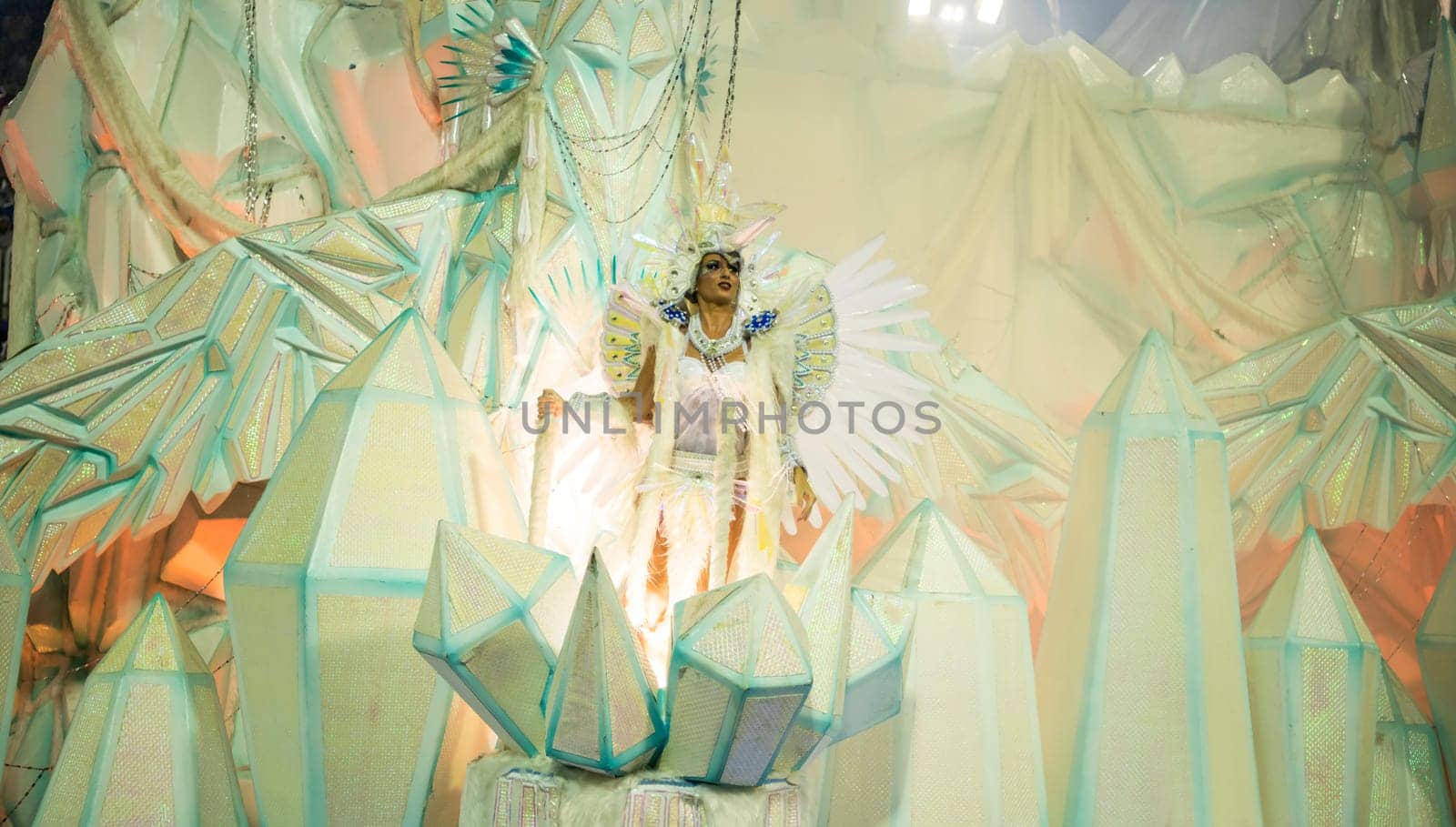 Rio de Janeiro, Brasil-  February 29, 2020: Samba Parade at the 2020 Carnival, Champions Parade, Sambodromo. It's raining