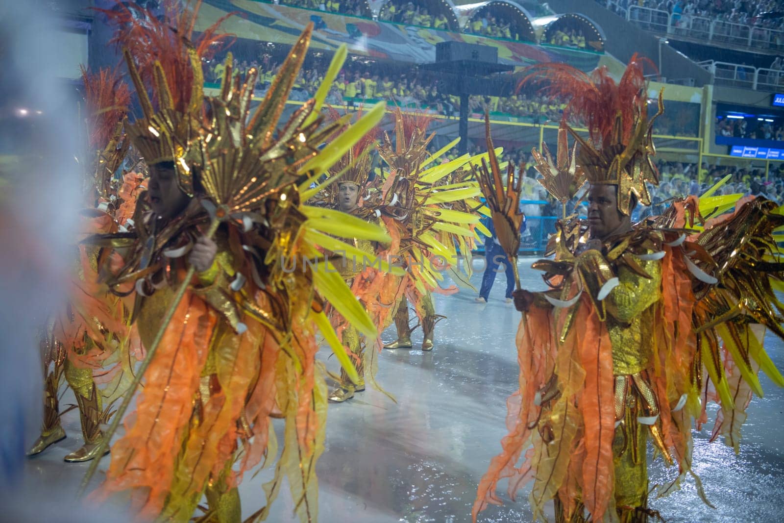 Rio de Janeiro, Brasil-  February 29, 2020: Samba Parade at the 2020 Carnival, Champions Parade, Sambodromo. It's raining