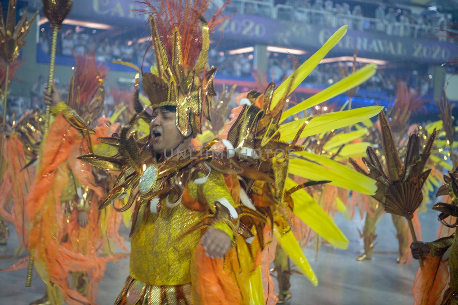 Rio de Janeiro, Brasil-  February 29, 2020: Samba Parade at the 2020 Carnival, Champions Parade, Sambodromo. It's raining
