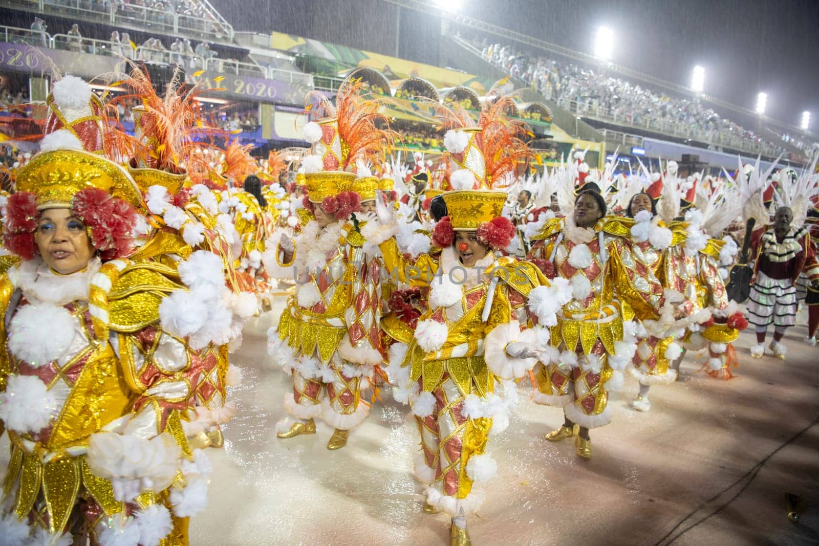 Rio de Janeiro, Brasil-  February 29, 2020: Samba Parade at the 2020 Carnival, Champions Parade, Sambodromo. It's raining