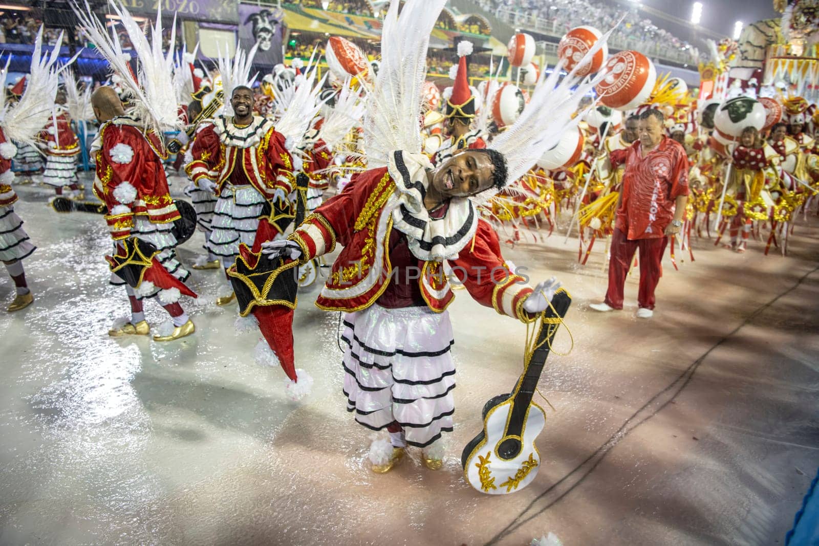 Rio de Janeiro, Brasil-  February 29, 2020: Samba Parade at the 2020 Carnival,Champions Parade, Sambodromo. It's raining