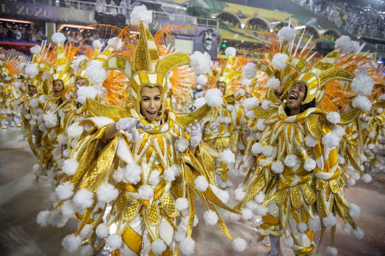 Rio de Janeiro, Brasil-  February 29, 2020: Samba Parade at the 2020 Carnival,Champions Parade, Sambodromo. It's raining