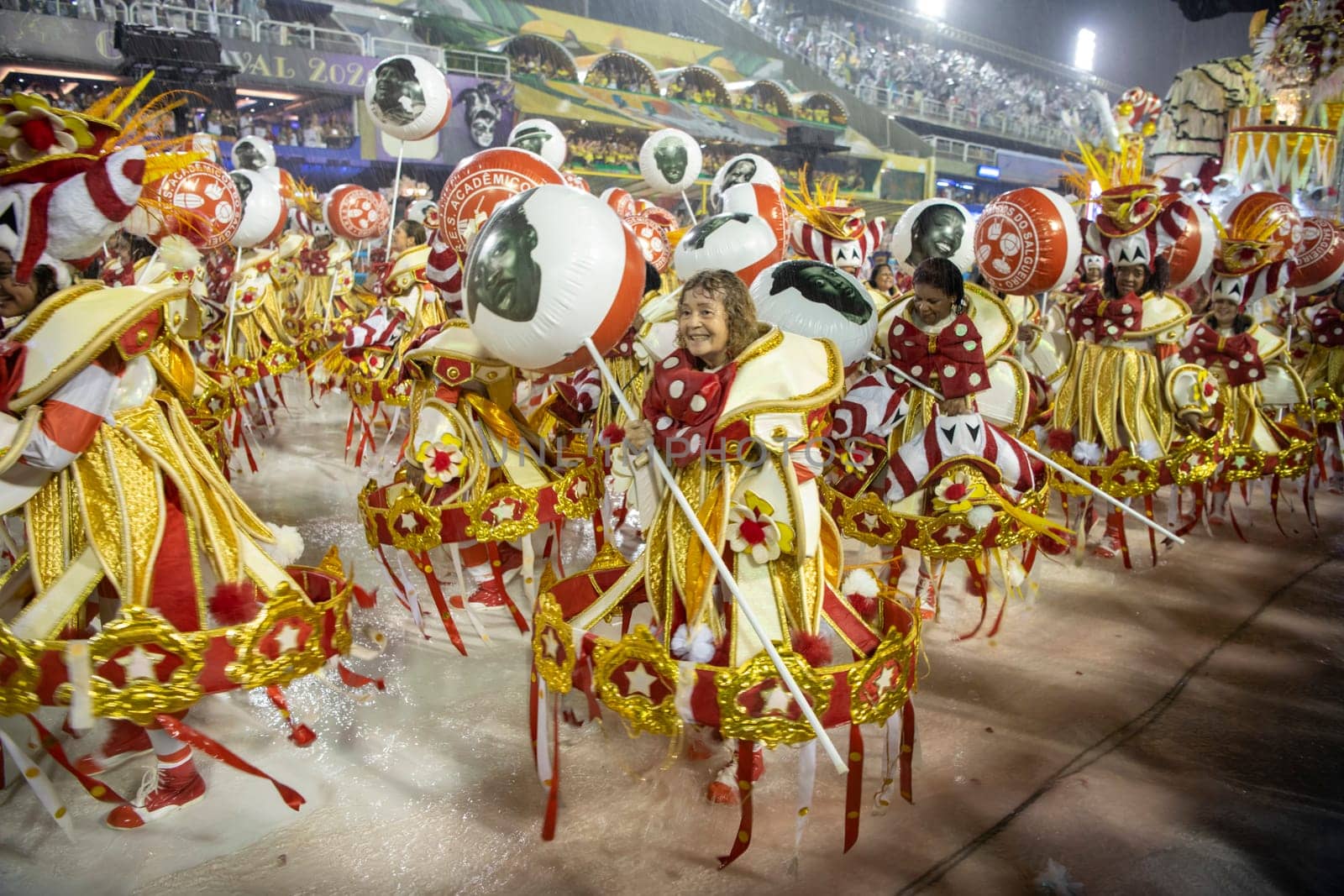 Rio de Janeiro, Brasil-  February 29, 2020: Samba Parade at the 2020 Carnival,Champions Parade, Sambodromo. It's raining