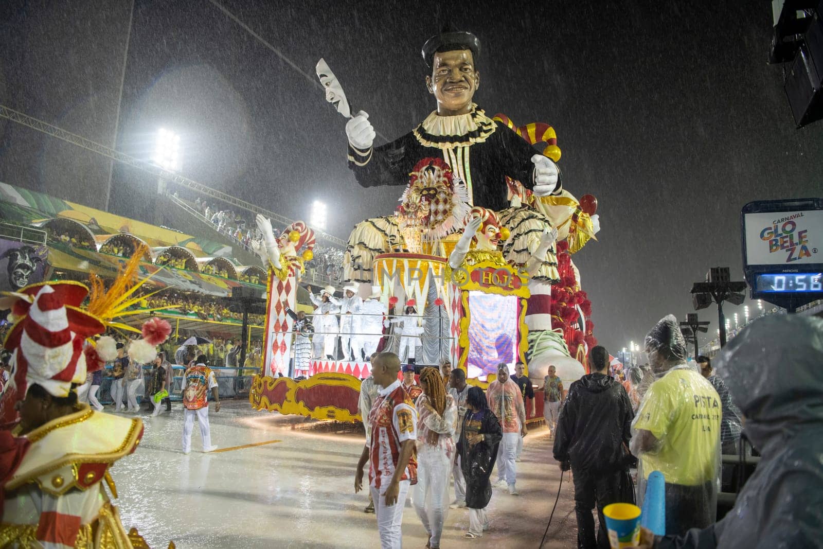 Rio de Janeiro, Brasil-  February 29, 2020: Samba Parade at the 2020 Carnival, Champions Parade, Sambodromo. It's raining