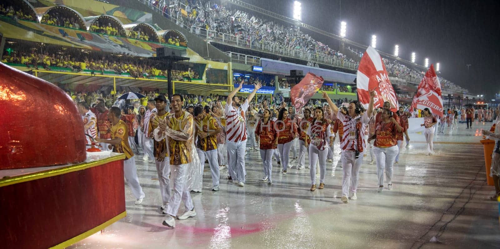 Rio de Janeiro, Brasil-  February 29, 2020: Samba Parade at the 2020 Carnival, Champions Parade, Sambodromo. It's raining