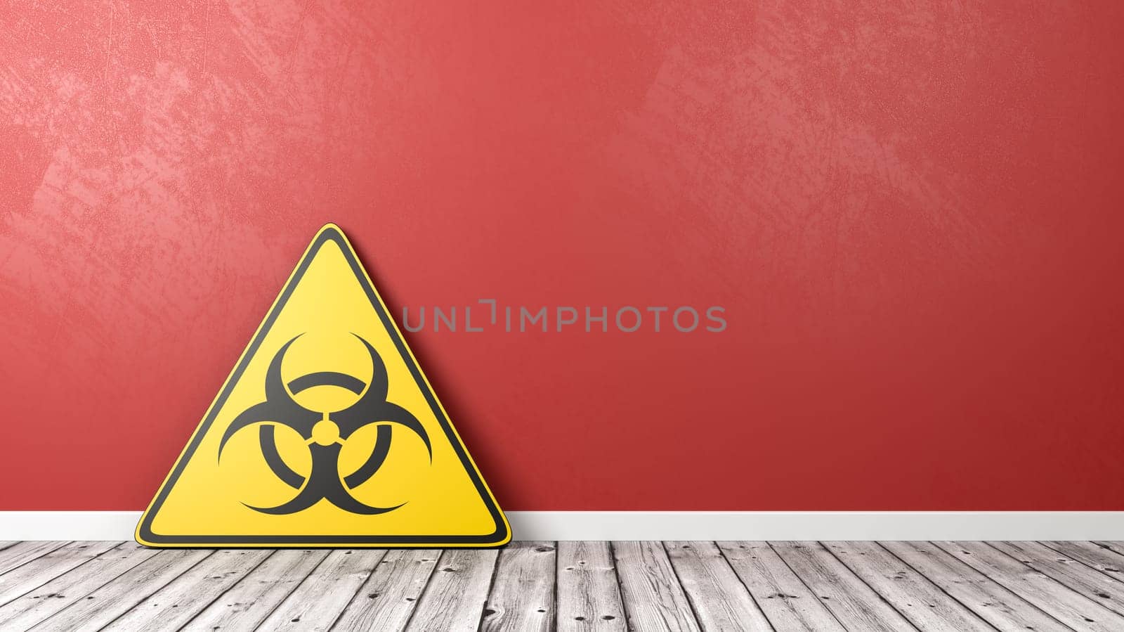 Black and Yellow Epidemic Symbol Warning Triangle on Wooden Floor Against Red Wall with Copy Space 3D Illustration