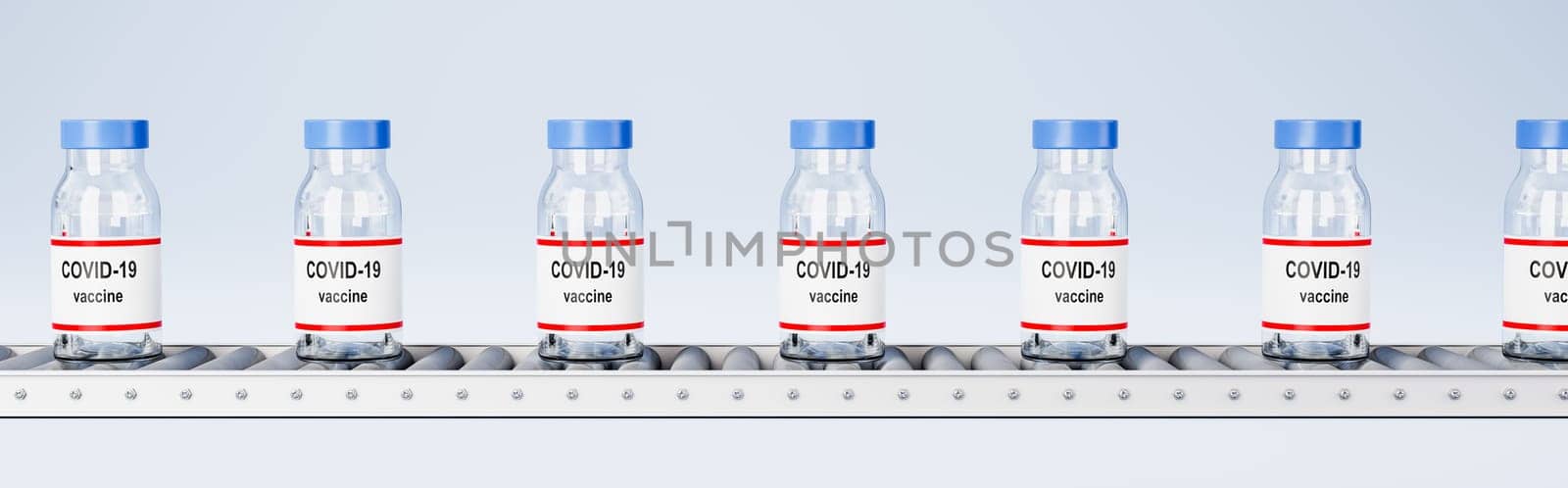 Many Covid 19 Vaccine Bottles on Conveyor Belt Roller on Light Blue Background 3D Render Illustration, Vaccine Production and Distribution Concept