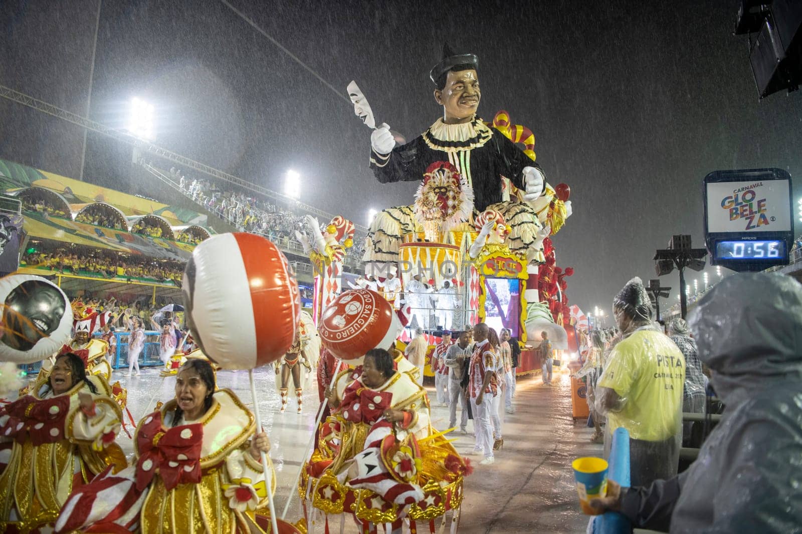 Rio de Janeiro, Brasil-  February 29, 2020: Samba Parade at the 2020 Carnival, Champions Parade, Sambodromo. It's raining