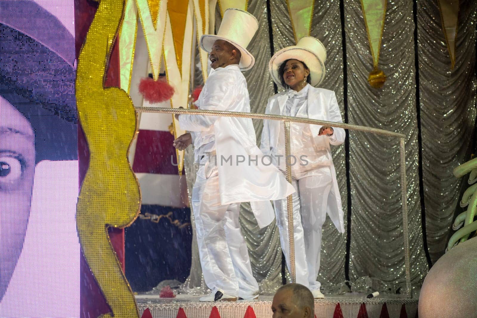 Rio de Janeiro, Brasil-  February 29, 2020: Samba Parade at the 2020 Carnival, Champions Parade, Sambodromo. It's raining
