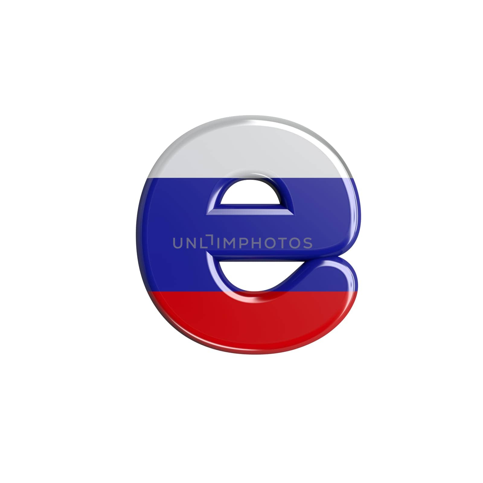 Russia letter E - lowercase 3d russian flag font isolated on white background. This alphabet is perfect for creative illustrations related but not limited to Russia, communism, Moscow...