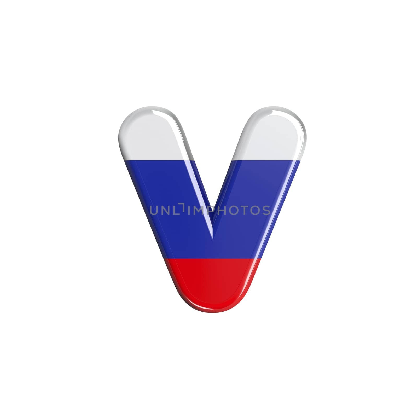 Russia letter V - Small 3d russian flag font isolated on white background. This alphabet is perfect for creative illustrations related but not limited to Russia, communism, Moscow...
