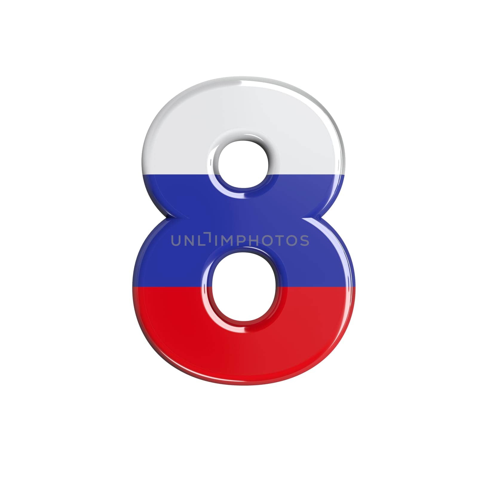 Russia number 8 - 3d russian flag digit isolated on white background. This alphabet is perfect for creative illustrations related but not limited to Russia, communism, Moscow...