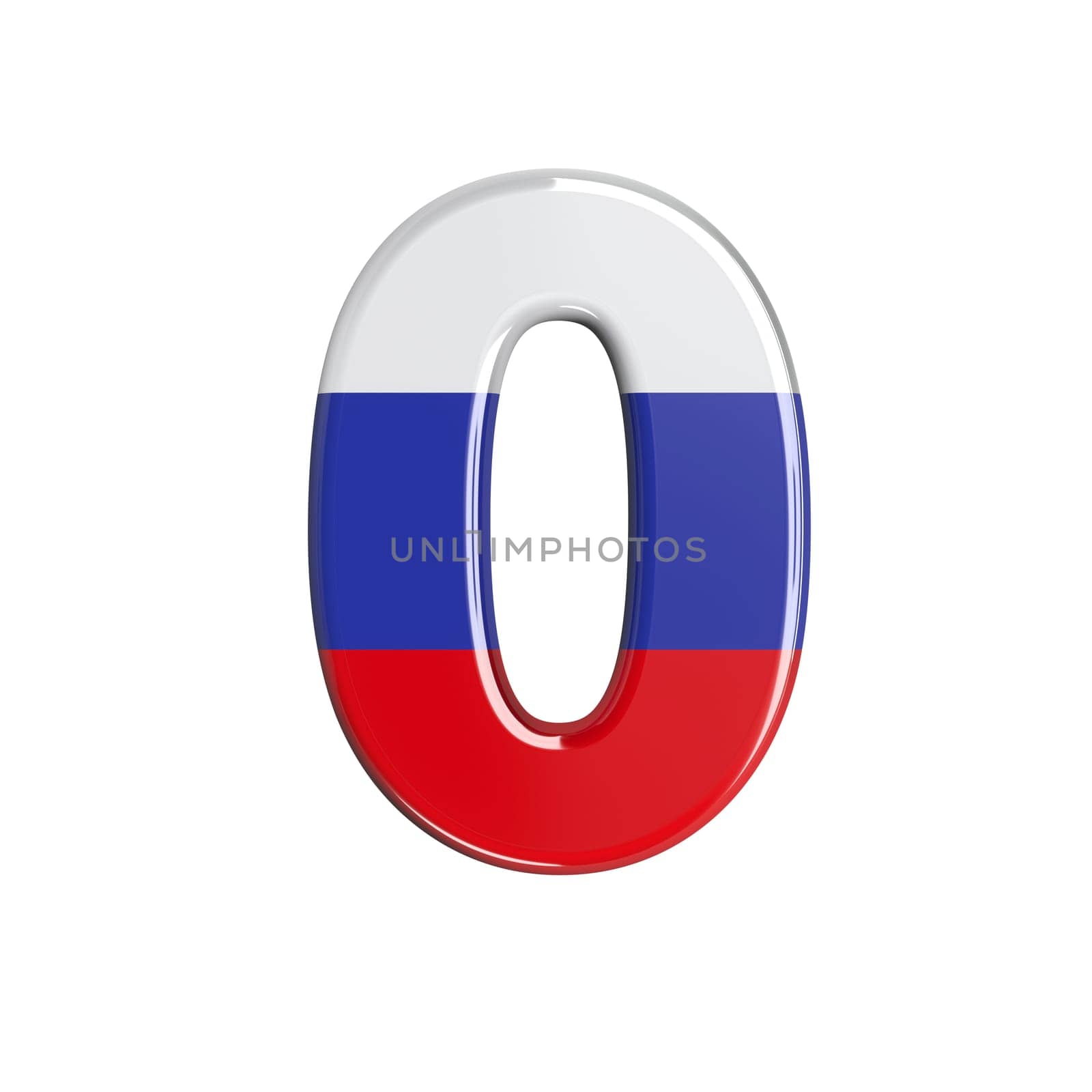Russia number 0 - 3d russian flag digit isolated on white background. This alphabet is perfect for creative illustrations related but not limited to Russia, communism, Moscow...