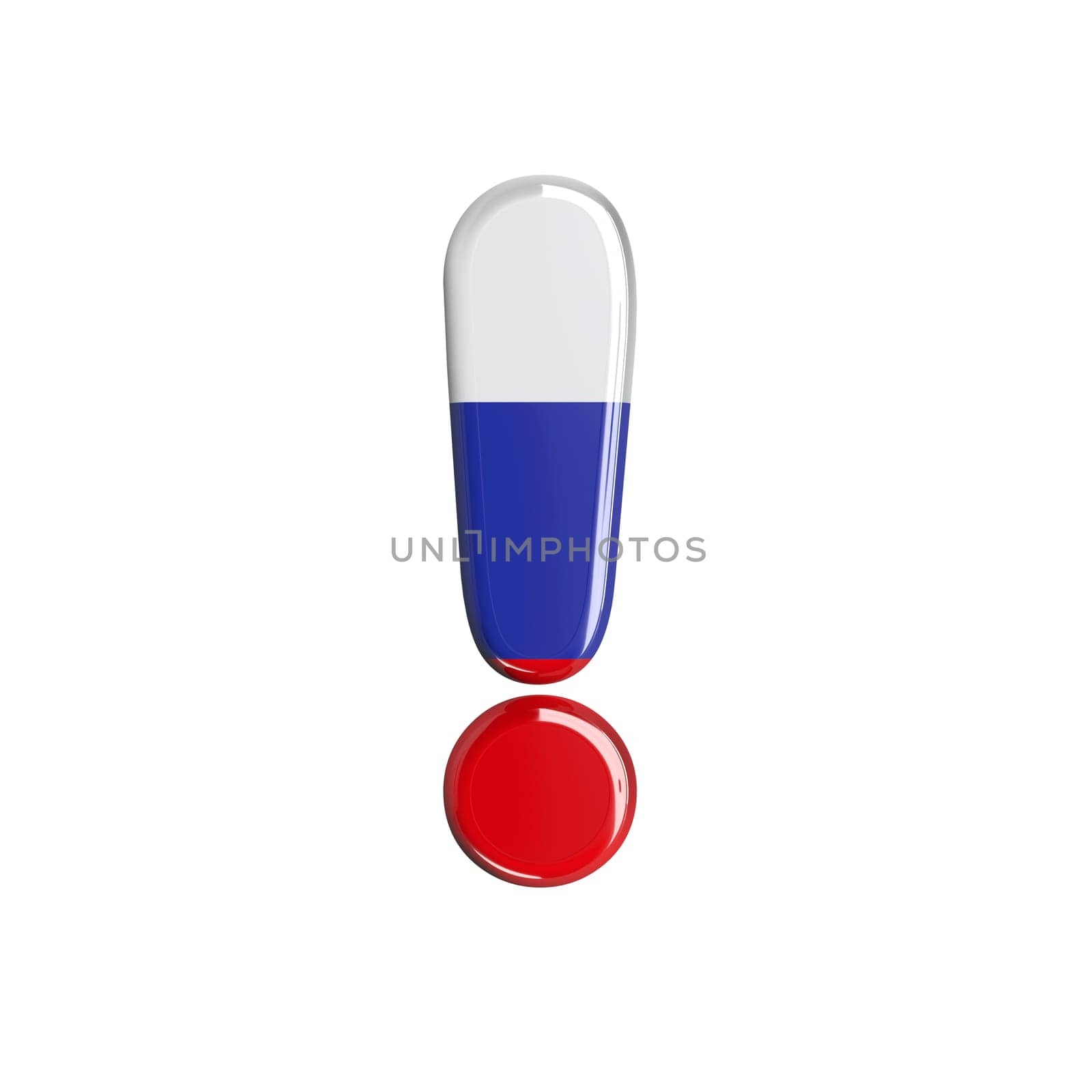Russia exclamation point - 3d russian flag symbol isolated on white background. This alphabet is perfect for creative illustrations related but not limited to Russia, communism, Moscow...