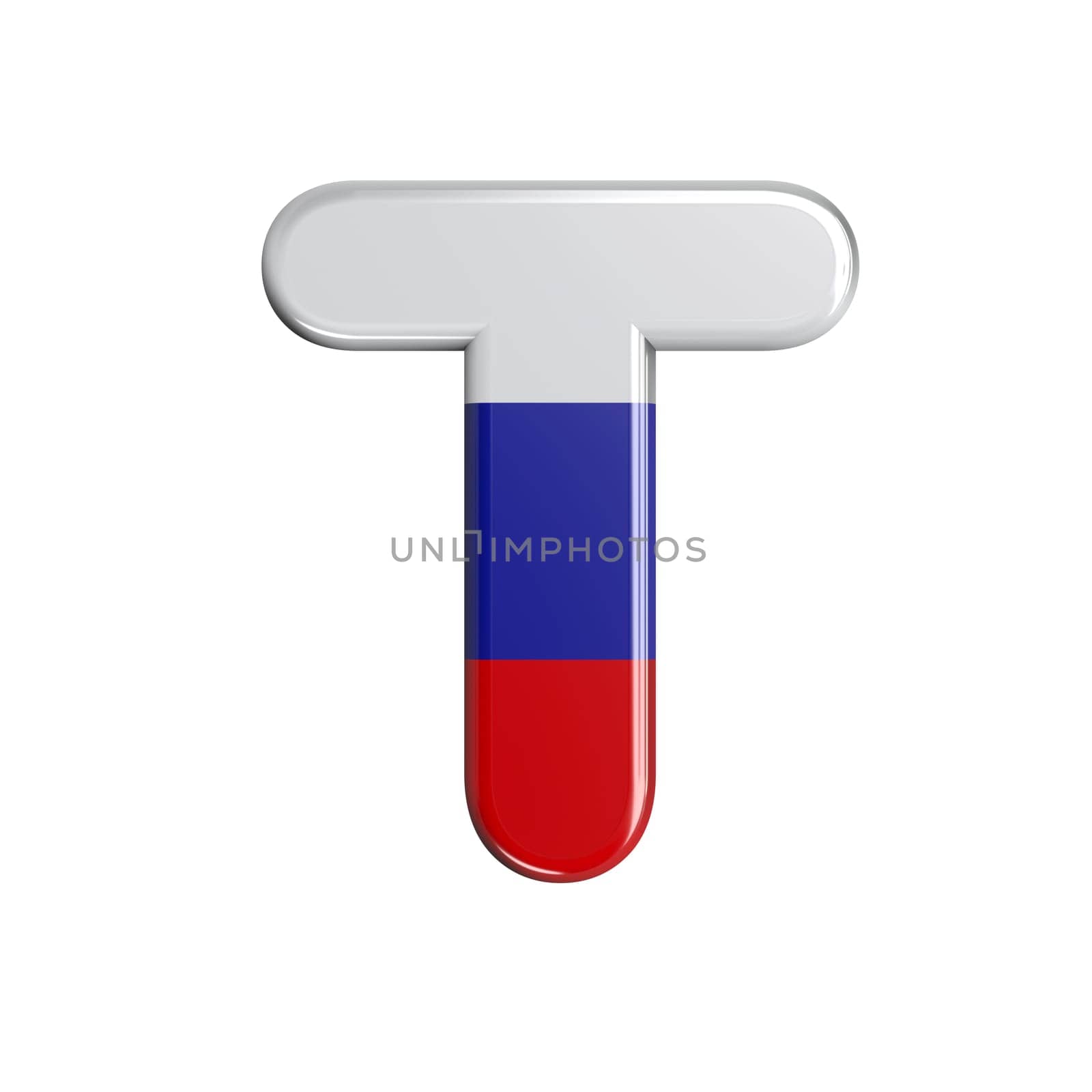 Russia letter T - Capital 3d russian flag font isolated on white background. This alphabet is perfect for creative illustrations related but not limited to Russia, communism, Moscow...