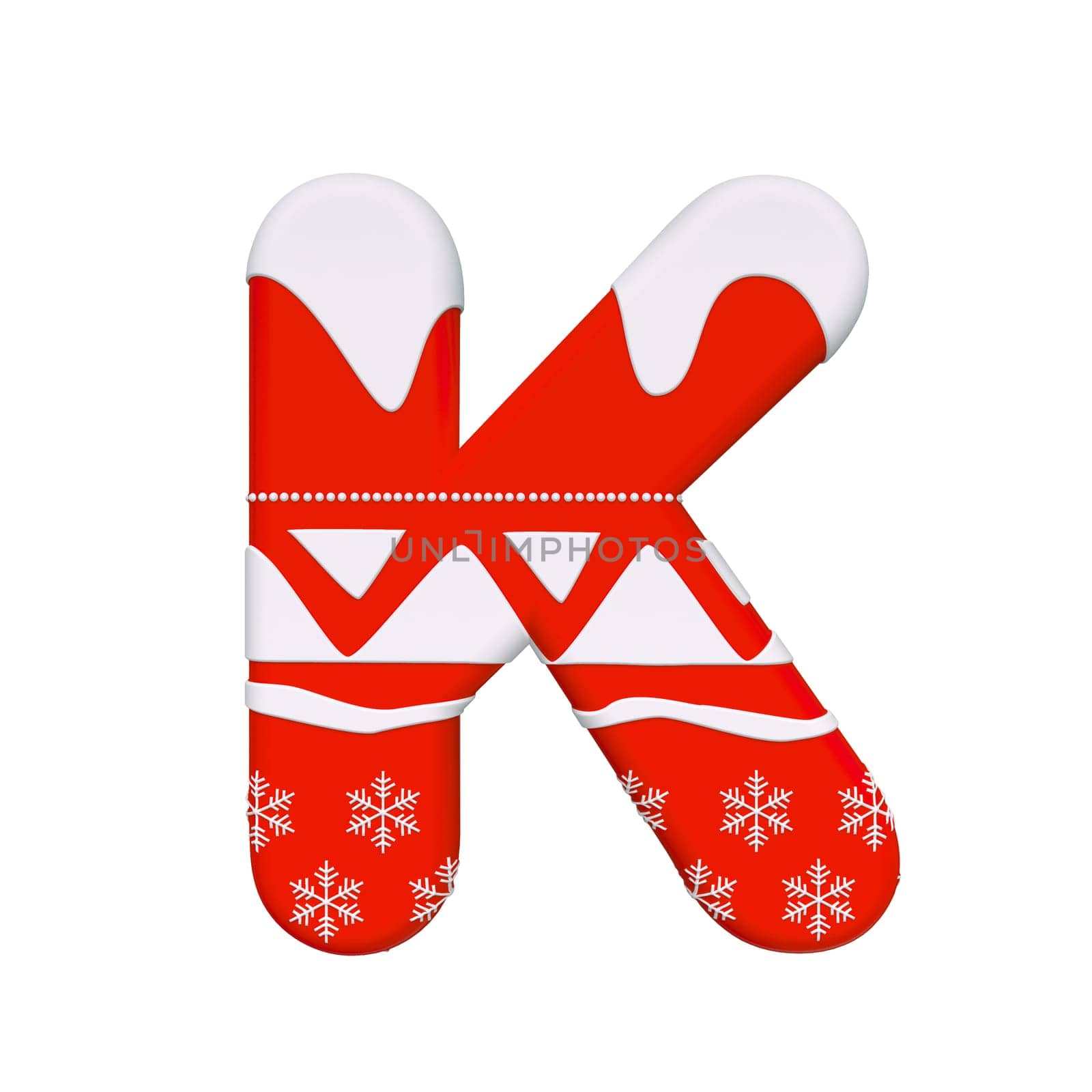 Christmas letter K - Large 3d Xmas font isolated on white background. This alphabet is perfect for creative illustrations related but not limited to Celebration, Santa Claus, Winter...