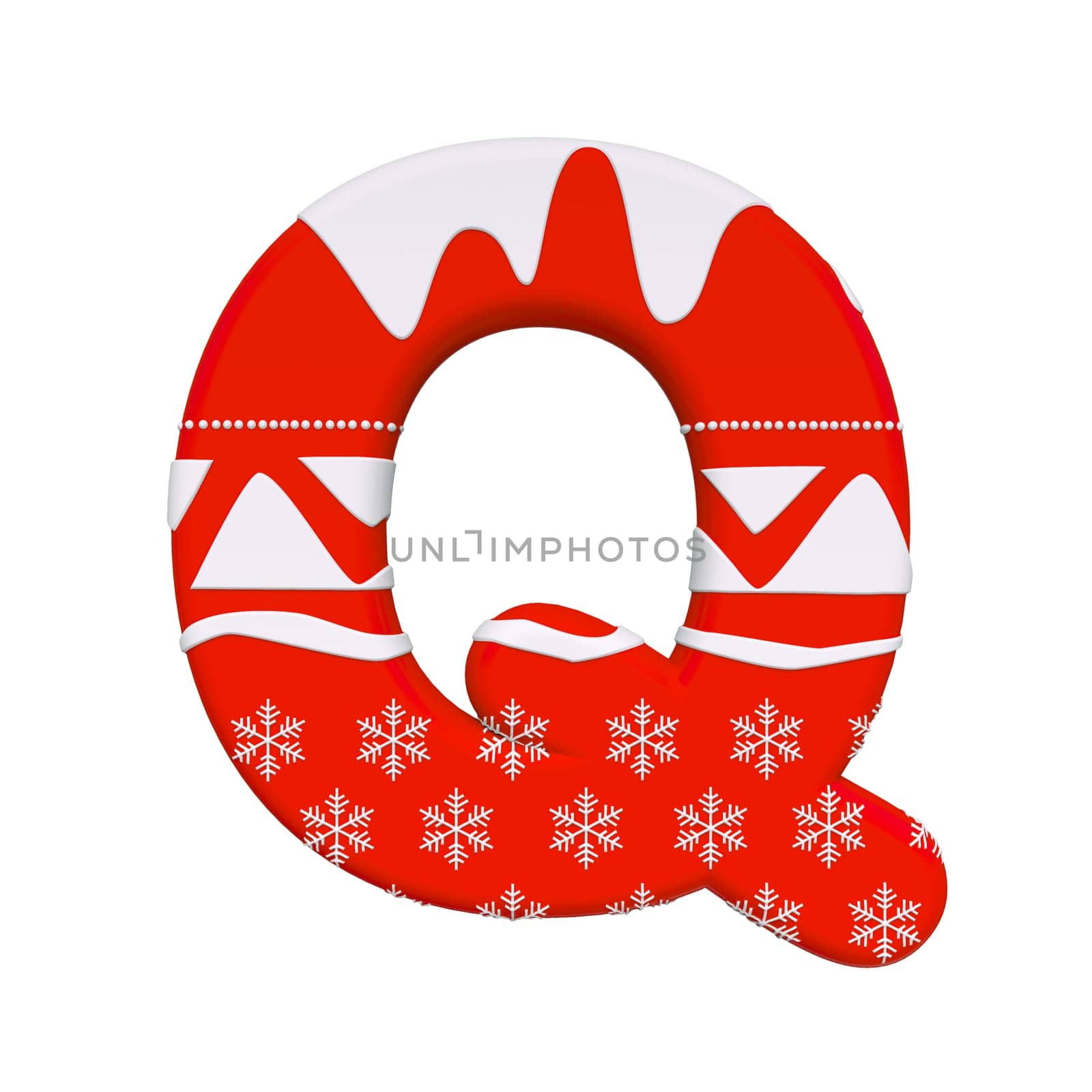 Christmas letter Q - large 3d Xmas font isolated on white background. This alphabet is perfect for creative illustrations related but not limited to Celebration, Santa Claus, Winter...