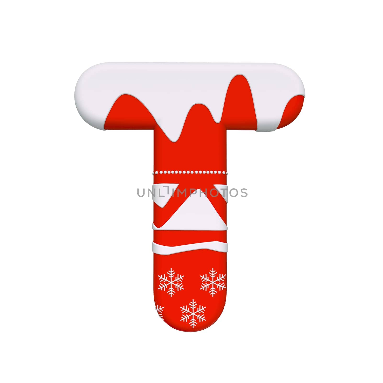 Christmas letter T - Capital 3d Xmas font isolated on white background. This alphabet is perfect for creative illustrations related but not limited to Celebration, Santa Claus, Winter...