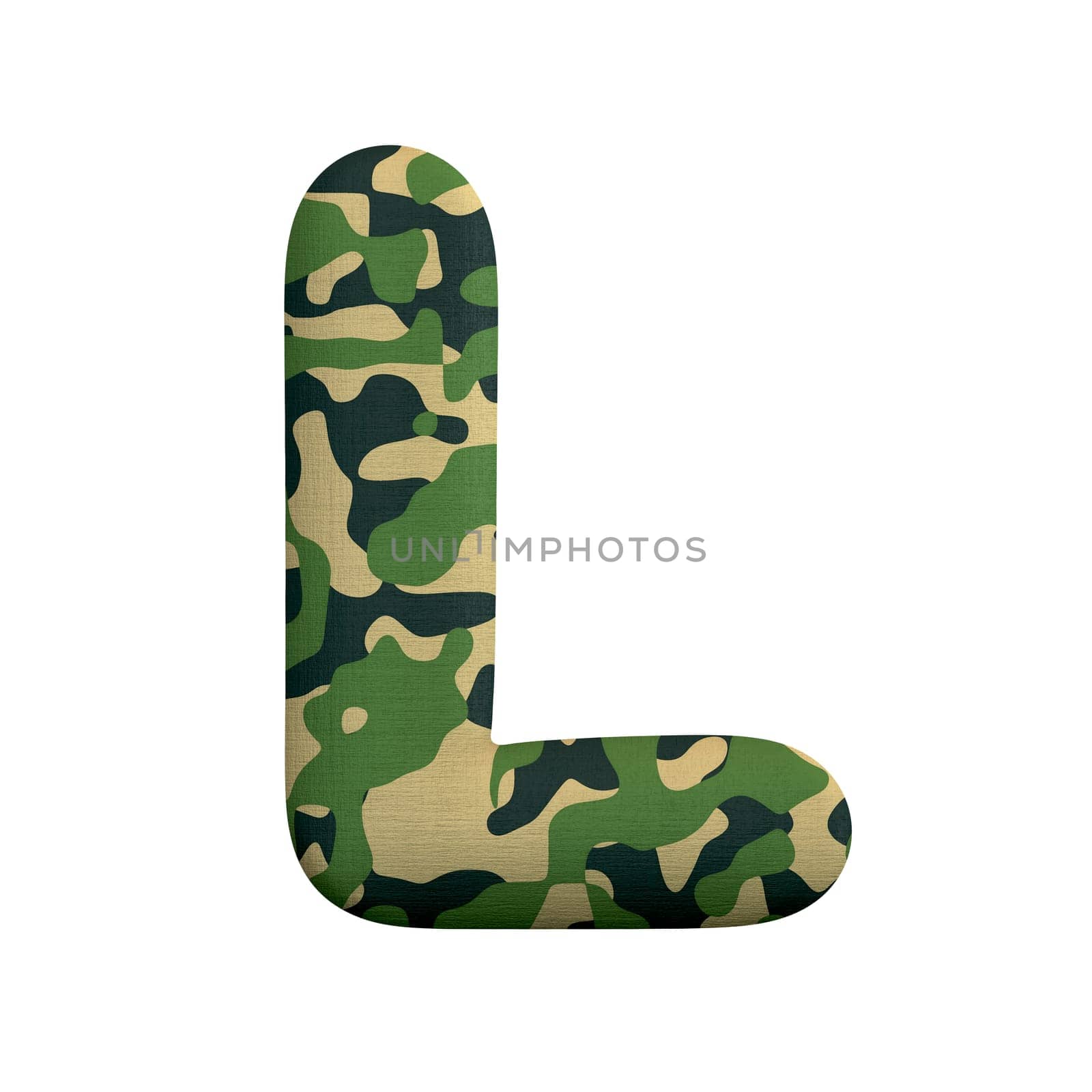 Army letter L - Uppercase 3d Camo font isolated on white background. This alphabet is perfect for creative illustrations related but not limited to Army, war, survivalism...