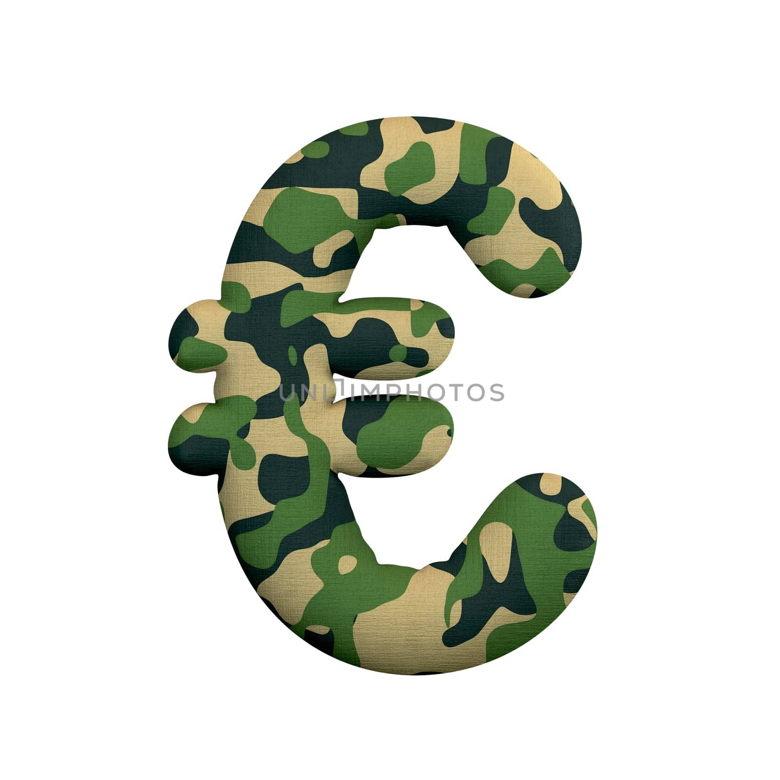 Army euro currency sign - 3d Camo money symbol isolated on white background. This alphabet is perfect for creative illustrations related but not limited to Army, war, survivalism...