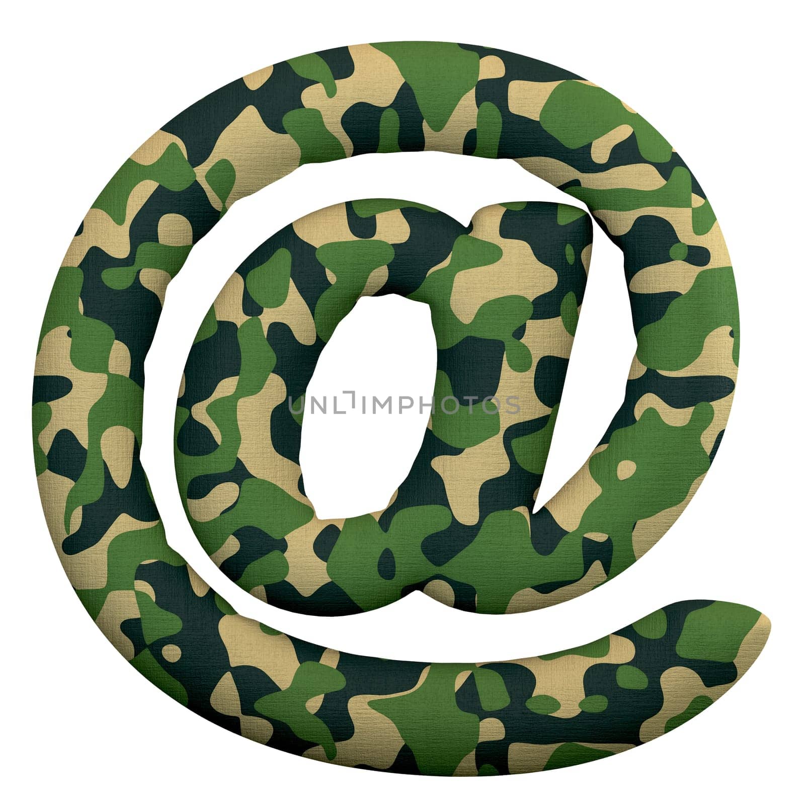 Army email sign - 3d Arobase symbol Camo isolated on white background. This alphabet is perfect for creative illustrations related but not limited to Army, war, survivalism...
