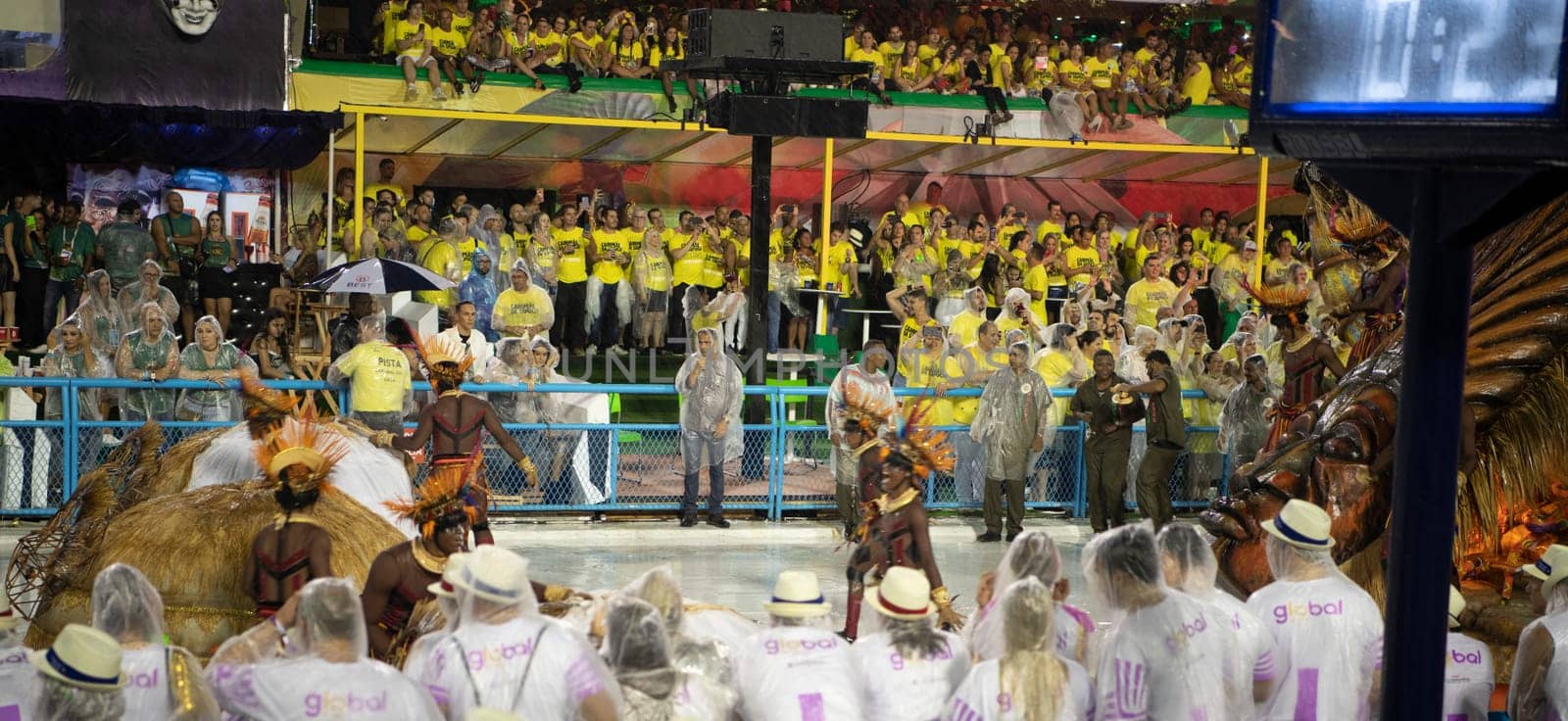 Rio de Janeiro, Brasil-  February 29, 2020: Samba Parade at the 2020 Carnival, Champions Parade, Sambodromo. It's raining