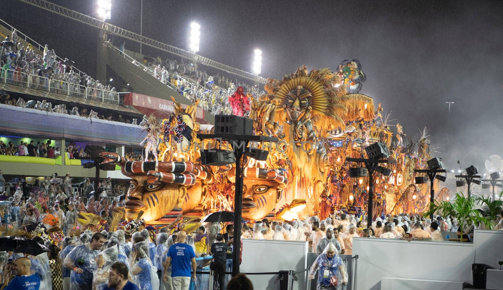Rio de Janeiro, Brasil-  February 29, 2020: Samba Parade at the 2020 Carnival, Champions Parade, Sambodromo. It's raining