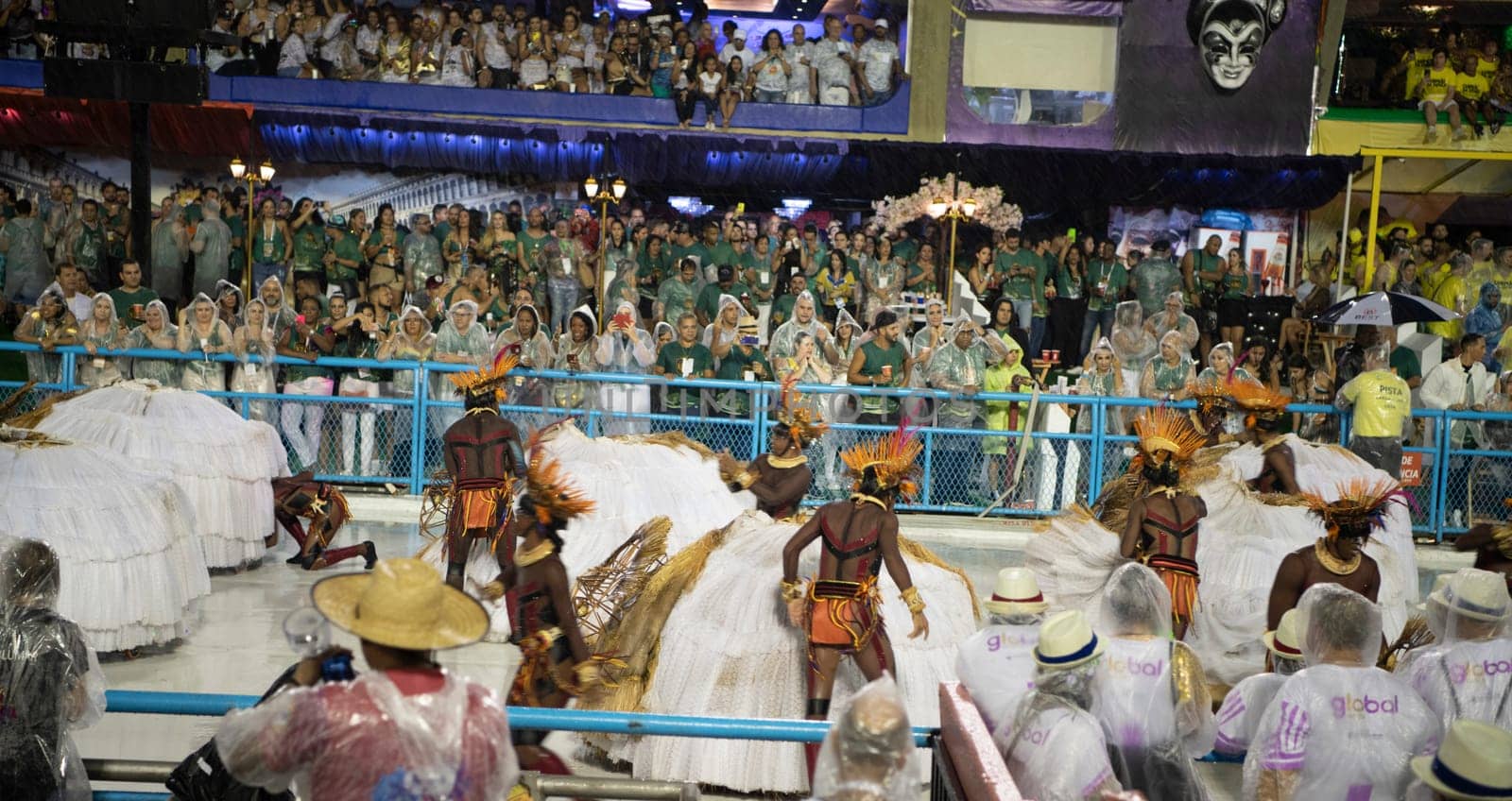 Rio de Janeiro, Brasil-  February 29, 2020: Samba Parade at the 2020 Carnival, Champions Parade, Sambodromo. It's raining