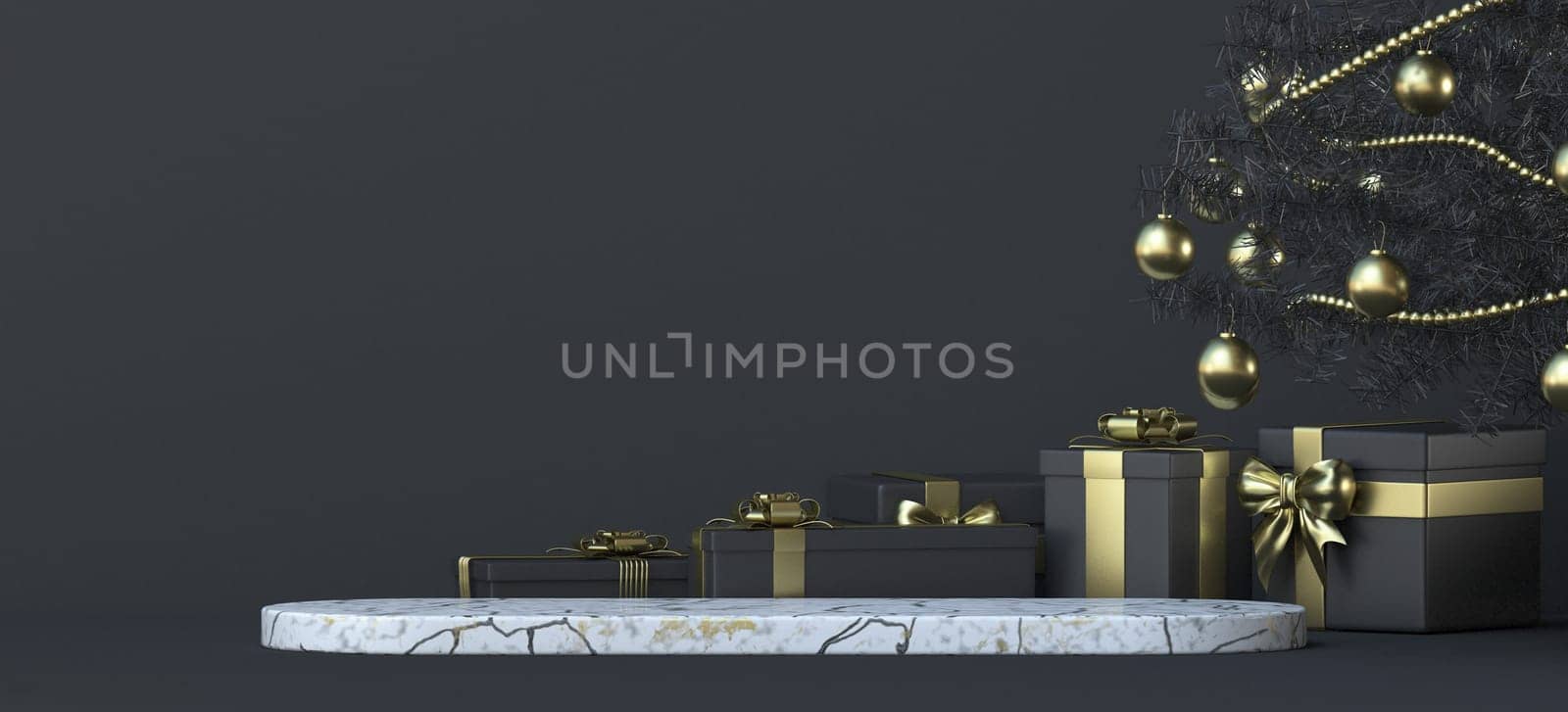Abstract background with gifts and Christmas tree 3D render illustration on black background
