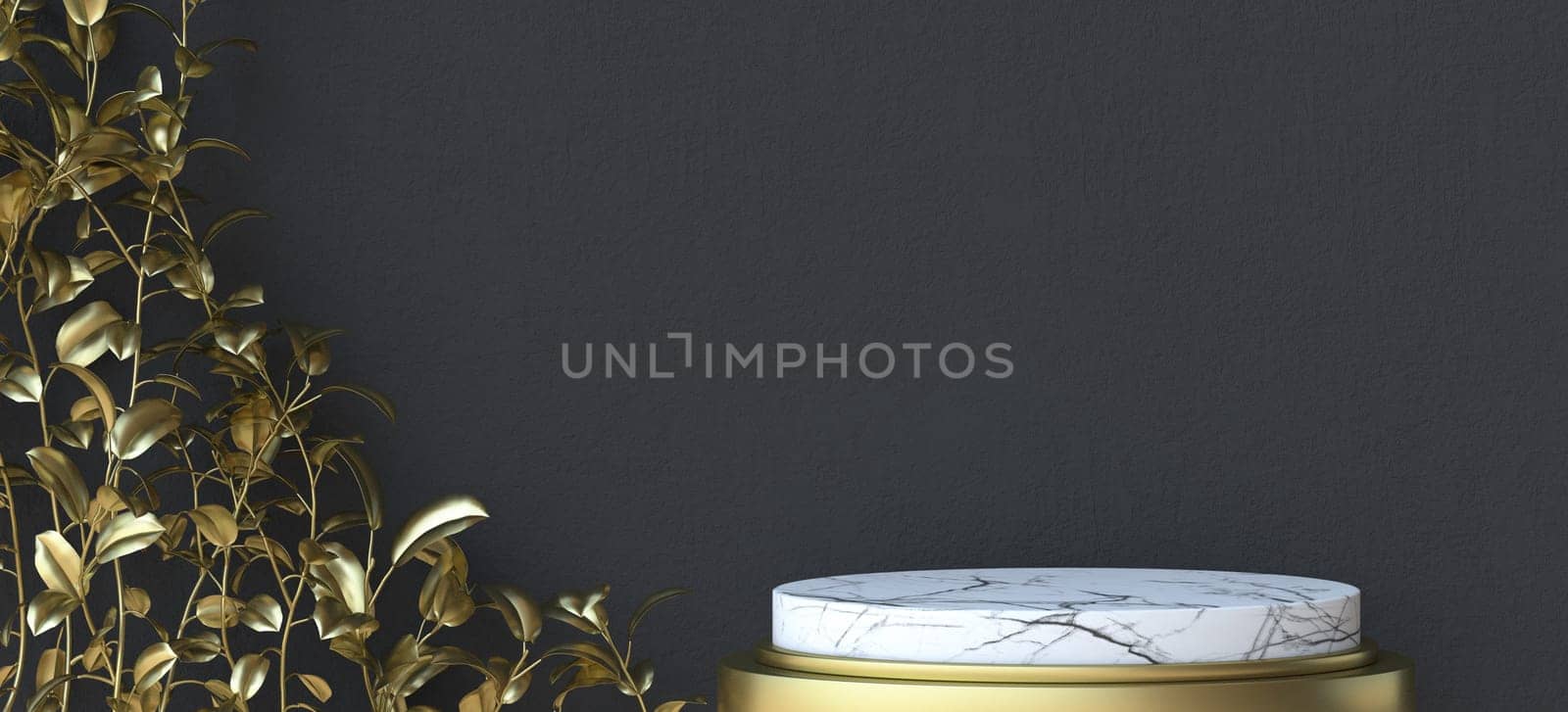 Abstract background marble podium with golden leaves 3D render illustration on black background