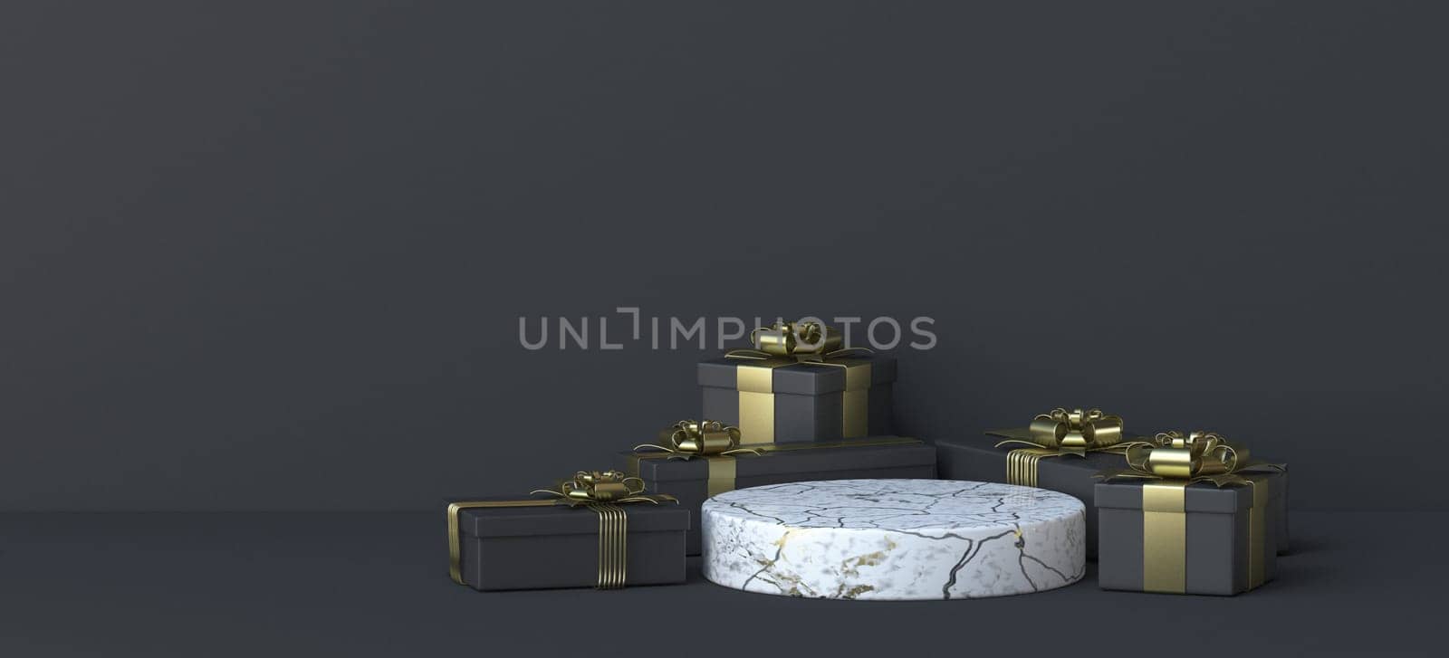Abstract background with marble podium and gift boxes 3D render illustration on black background