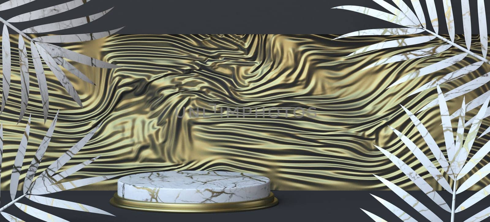 Abstract background with wrinkly golden black curtain and white tropical foliage 3D render illustration on black background