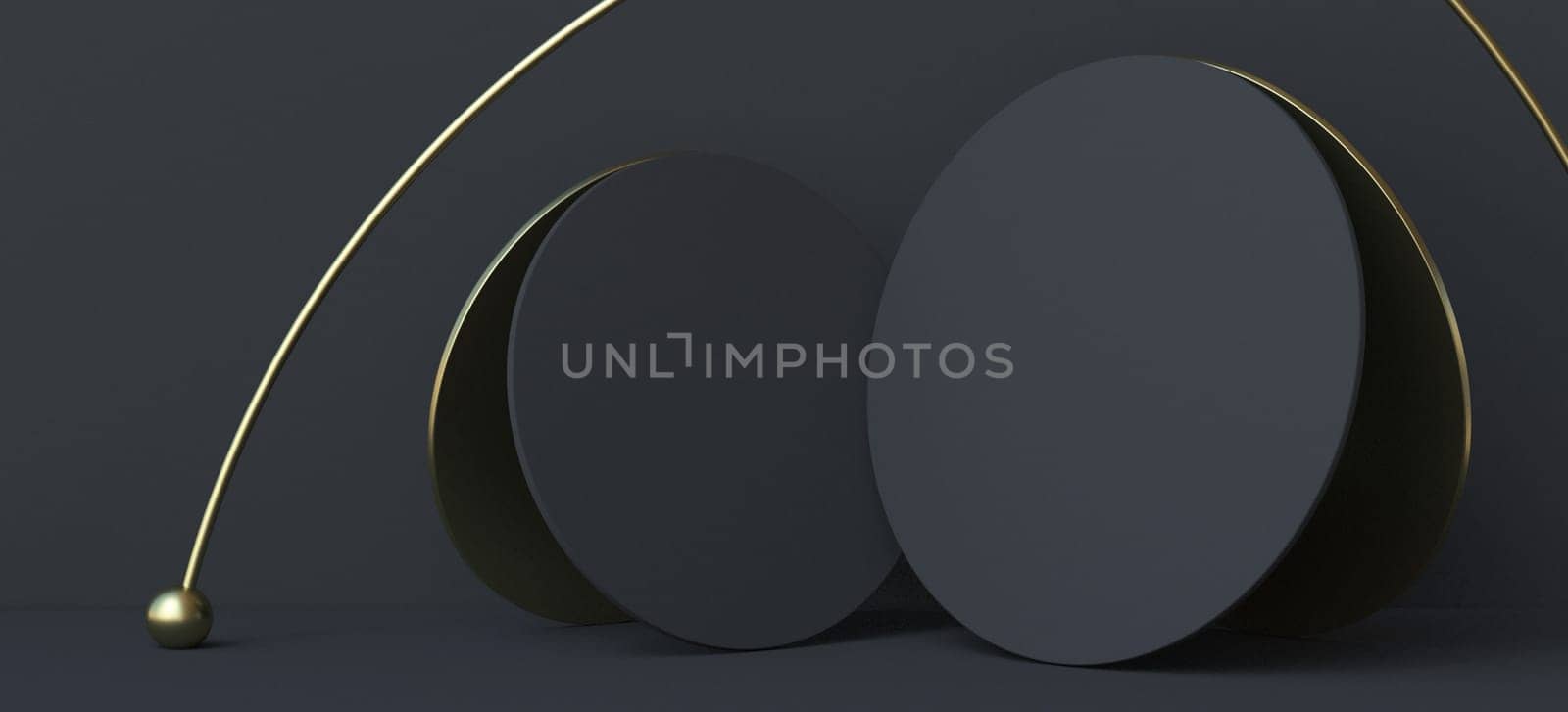 Abstract background black circles with golden arc 3D render illustration on black background